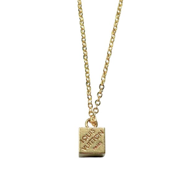 Repurposed Louis Vuitton GOLD Cube Pendant Necklace - Picture 1 of 2